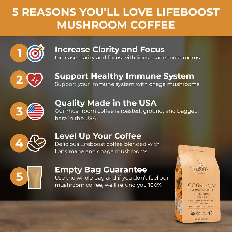Lifeboost Cognition Adaptogenic Mushroom Coffee - Great Tasting Organic Lions Mane & Chaga Medium Roast Nootropic Coffee - Increase Energy, Boost Focus & Immune Support - 12 oz Bag - Ground - Image 2